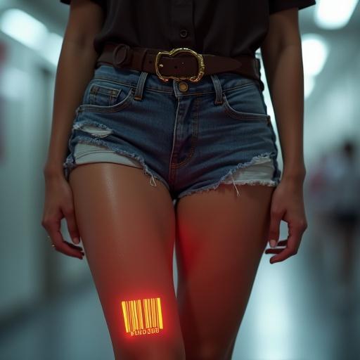 Hyper realistic digital painting of a woman wearing a college outfit. She has a glowing barcode tattoo on her inner thigh against a blurred glossy background. The artwork is artistic and professional.