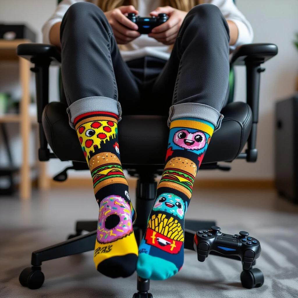 Lifestyle photo features colorful ankle socks with retro gaming food characters. Person sits cross-legged on a gaming chair with a gaming controller nearby. Socks have pizza slices, hamburgers, donuts, and fries in bright colors. Warm lighting creates an inviting atmosphere.