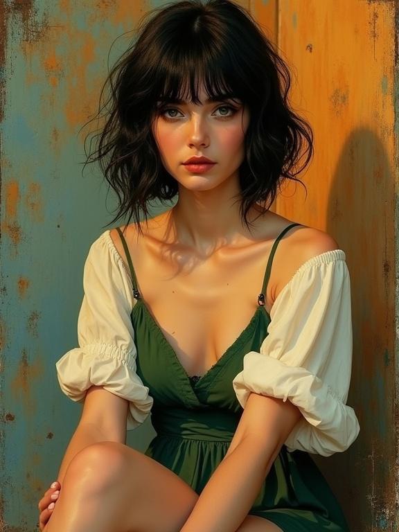 Intimate portrait of young woman showing legs in green dress with white blouse. Tousled dark bob haircut and soft natural makeup. Warm golden sunset lighting. Textured orange and blue background. Romantic nostalgic mood. Shallow depth of field and medium close-up composition.