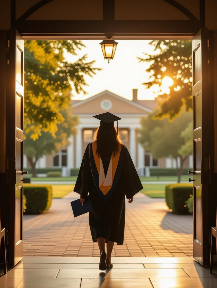 Graduation scene with a graduate walking away from ceremony holding a diploma. Female figure in graduation gown. Gentle breeze moving gown. Open campus visible in the background. Warm backlight creates an inspirational vibe.