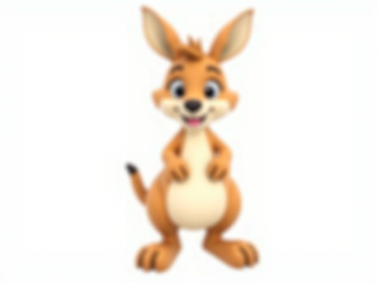 The image features a cartoon kangaroo character. The kangaroo has a friendly and cheerful expression, with big eyes and a broad smile. It has a light brown fur color with a white belly. The character is standing on two legs and has its arms slightly raised in a welcoming gesture. Its large ears and a tuft of hair on top of its head add to its playful appearance. The background is plain white, which highlights the character. This character seems designed for a children's animated series or as a mascot.