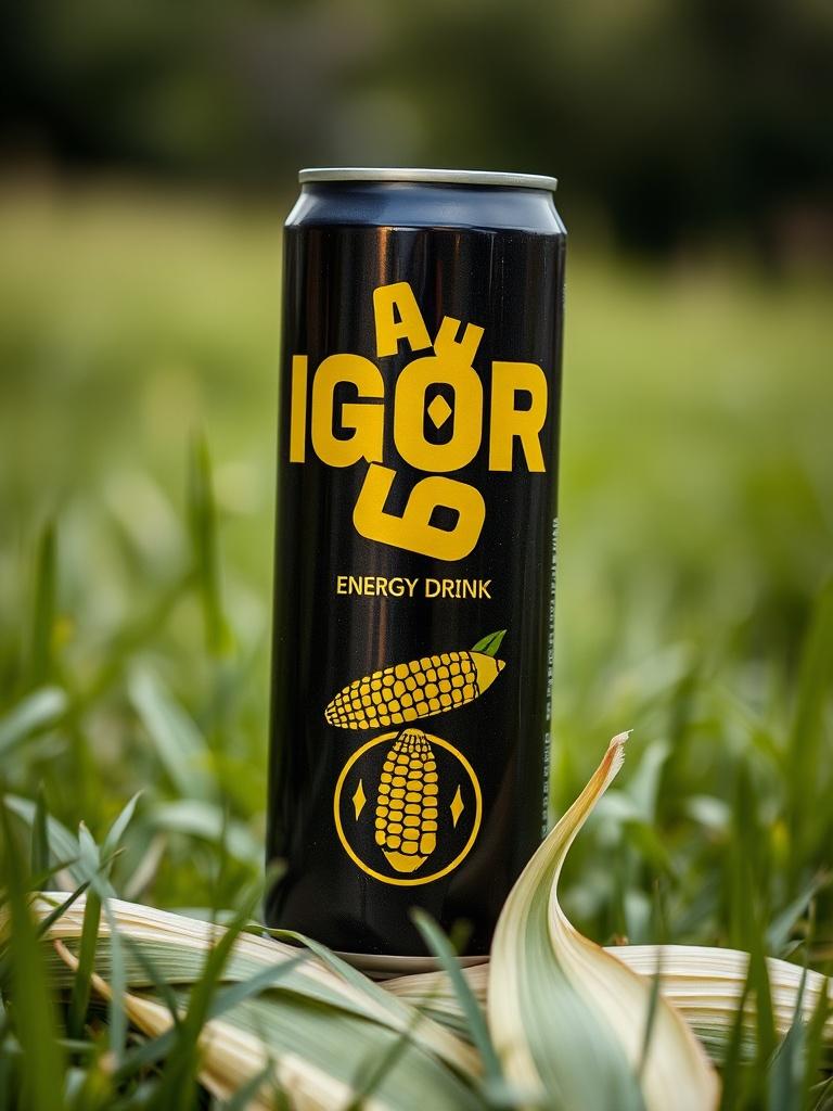 A sleek black can of energy drink stands upright amidst lush green grass. The can prominently displays bold yellow text with a graphic of corn, suggesting a focus on natural ingredients. The surrounding grass and gentle, soft-focus background enhance the organic appeal of the image.