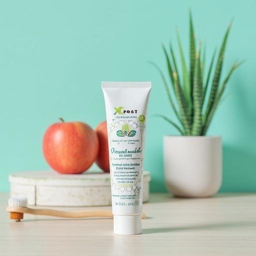 Showcase biodegradable toothpaste with fresh apple and green plant on wooden table. Display eco-friendly personal care product designed for Gen Z audience. Highlight natural lifestyle and sustainability.