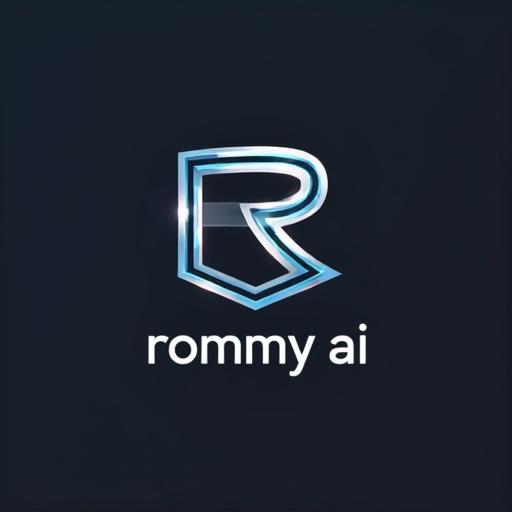 Logo design represents a company called rommy ai. Stylized letter R with a modern look. Black background with blue and white accents.