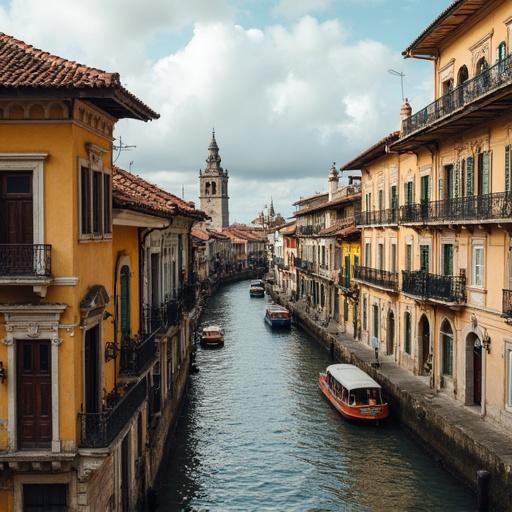 Portray a beautiful canal in Cartagena de Indias with colonial buildings lining the waterway