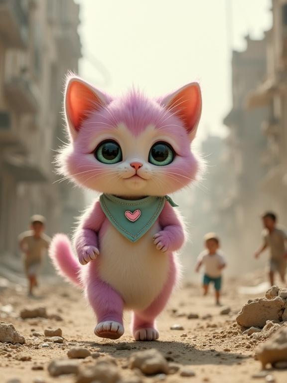 A fluffy anthropomorphic kitten walks through the ruined city streets. The kitten has pastel pink and lavender fur with a creamy white belly. It has large green eyes and carries a human baby dressed in a white onesie. Dust fills the background with figures running. The kitten wears a blue bandana with a pink heart.