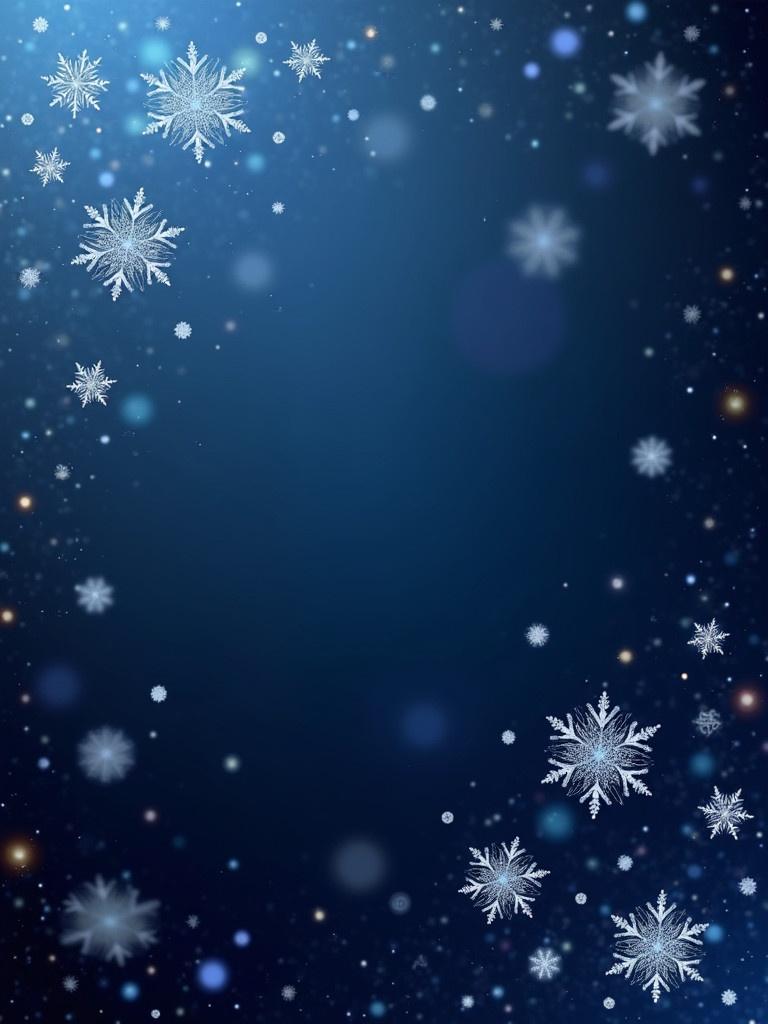 Smaller snowflakes scatter on dark blue and purple background. Light twinkles appear along edges. Center has fewer snowflakes in soft focus. Background shows brightness and darkness shifts.