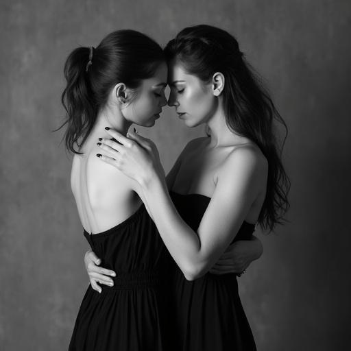 Artistic black-and-white photograph of two young women in an intimate embrace. One woman holding the other's face and surrounded by tenderness. Elegant dresses with straps create individual contrast. Simple textured gray background enhances focus on the subjects. Emphasizes deep affection and emotional intimacy.