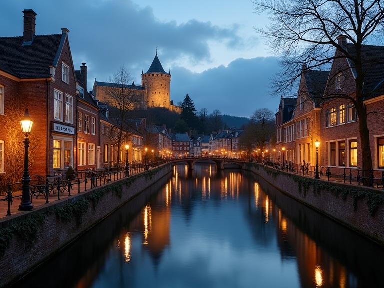A beautiful canal scene with charming stone buildings. Warm lights illuminate the surroundings. A majestic castle rises in the background. Scene captured during a calm evening.