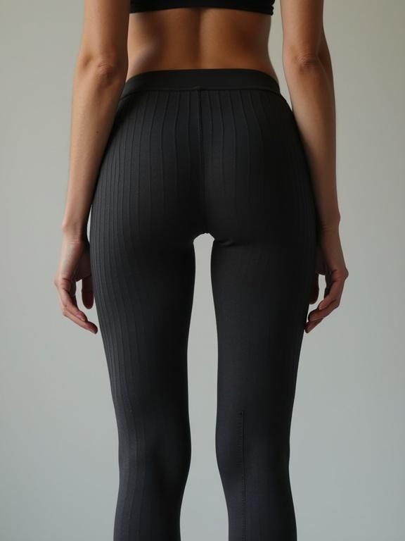 A woman stands in black gray leggings made of ribbed fabric from the back. The focus is on the fit and design of the leggings.