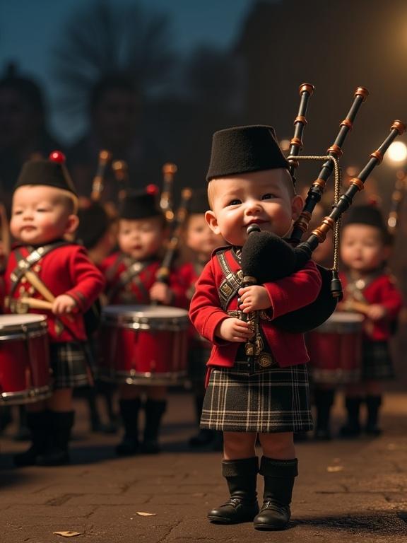 Cinematic scene of young children performing in a Scottish pipe band at night. They wear miniature military uniforms with kilts and tall hats. One child in the foreground plays bagpipes. Others play snare drums and bass drums. Dramatic nighttime lighting enhances the joyful mood. Expressive faces in a visible audience provide a festive atmosphere.