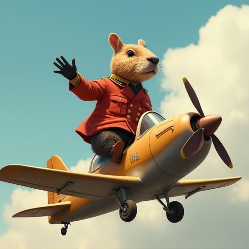 Capybara driving a small airplane. It is sitting atop the plane wearing a pilot uniform. The capybara is waving its little hand like an army general while flying. It looks cheerful, confident, and exudes a sense of trust.