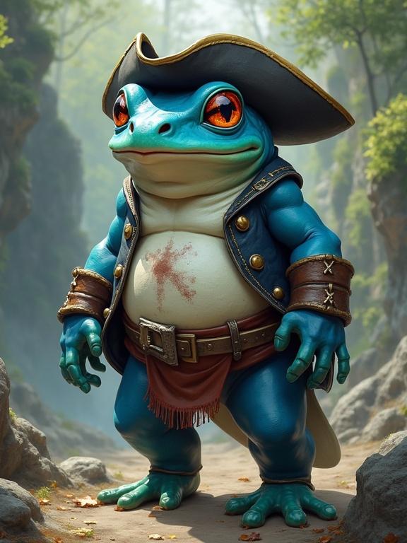 Humanoid blue frog with a white belly dressed as a pirate. Frogadier Pokémon depicted in a semi-realistic and epic style in a fantasy setting.