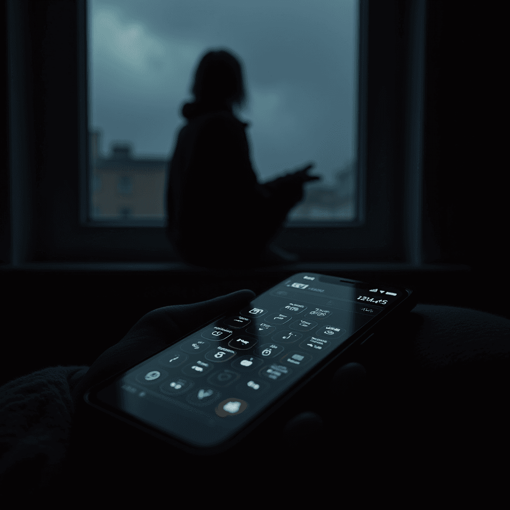 A person in silhouette looks out a window while a phone screen shows app icons.