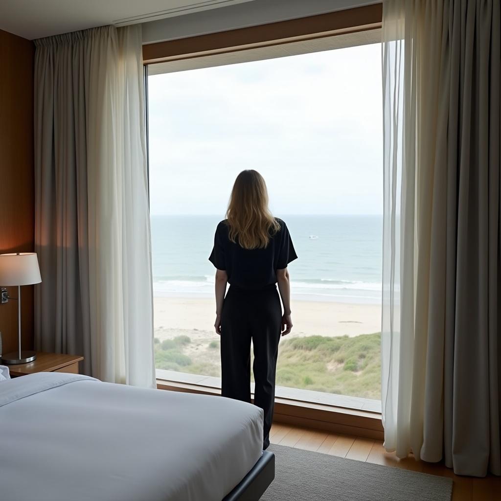 A woman stands in a minimalist hotel room. She wears a black outfit. The large window has curtains. The view shows a distant beach. The room is serene and stylish.