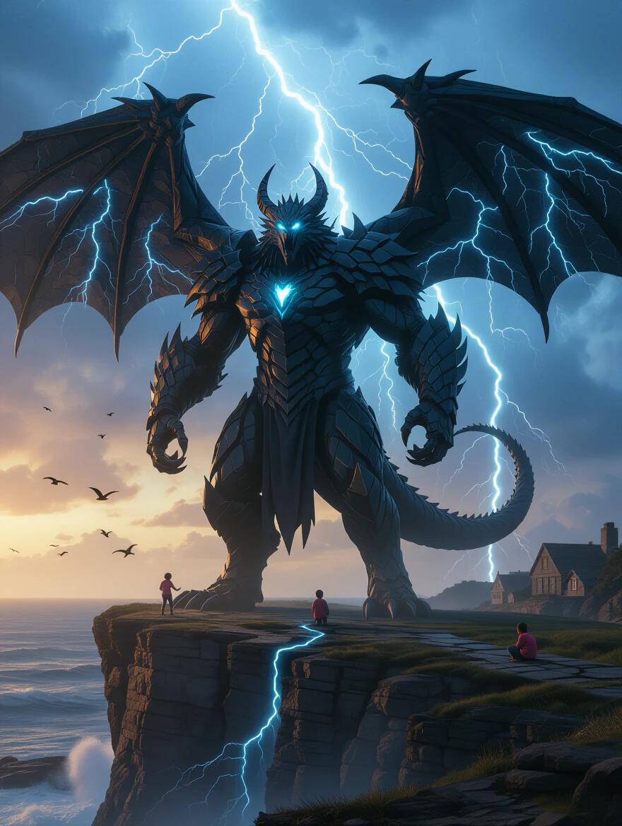 A towering beast called Thunderback Sentinel stands on a storm-lashed cliffside. The creature is 15 feet tall, armored in jagged black obsidian plates, and has glowing molten eyes. It has claws like steel talons and pulsing electric blue veins beneath the skin. The beast roars into a thunderous sky as flocks scatter. Glowing glyphs are etched across its enormous wings that shield a coastal village. The wings absorb lightning and disperse hurricanes. Children play near its curled tail, kneeling beside a cracked cliff, rebuilding paths with massive hands. The sky is stormlight glowing, with a cinematic lighting during dusk. The creature is a misunderstood protector with a dramatic composition and hyper-detailed photorealistic texture.