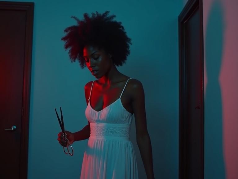 Midnight scene with a young woman in a white nightgown. She has caramel skin and a natural afro hairstyle dyed burgundy. She holds scissors. The scene has horror suspense features and soft red lighting. The location is a building in Lekki, Nigeria.