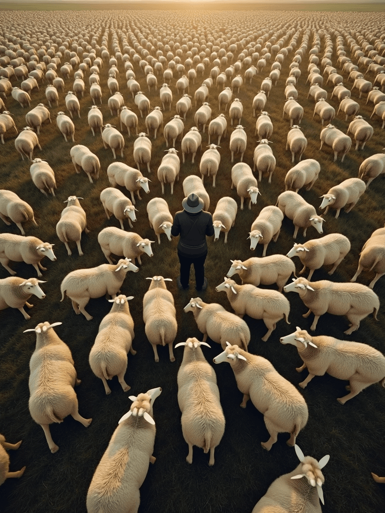 A lone shepherd stands amidst a vast flock of sheep on a grassy field with the sun setting in the distance.