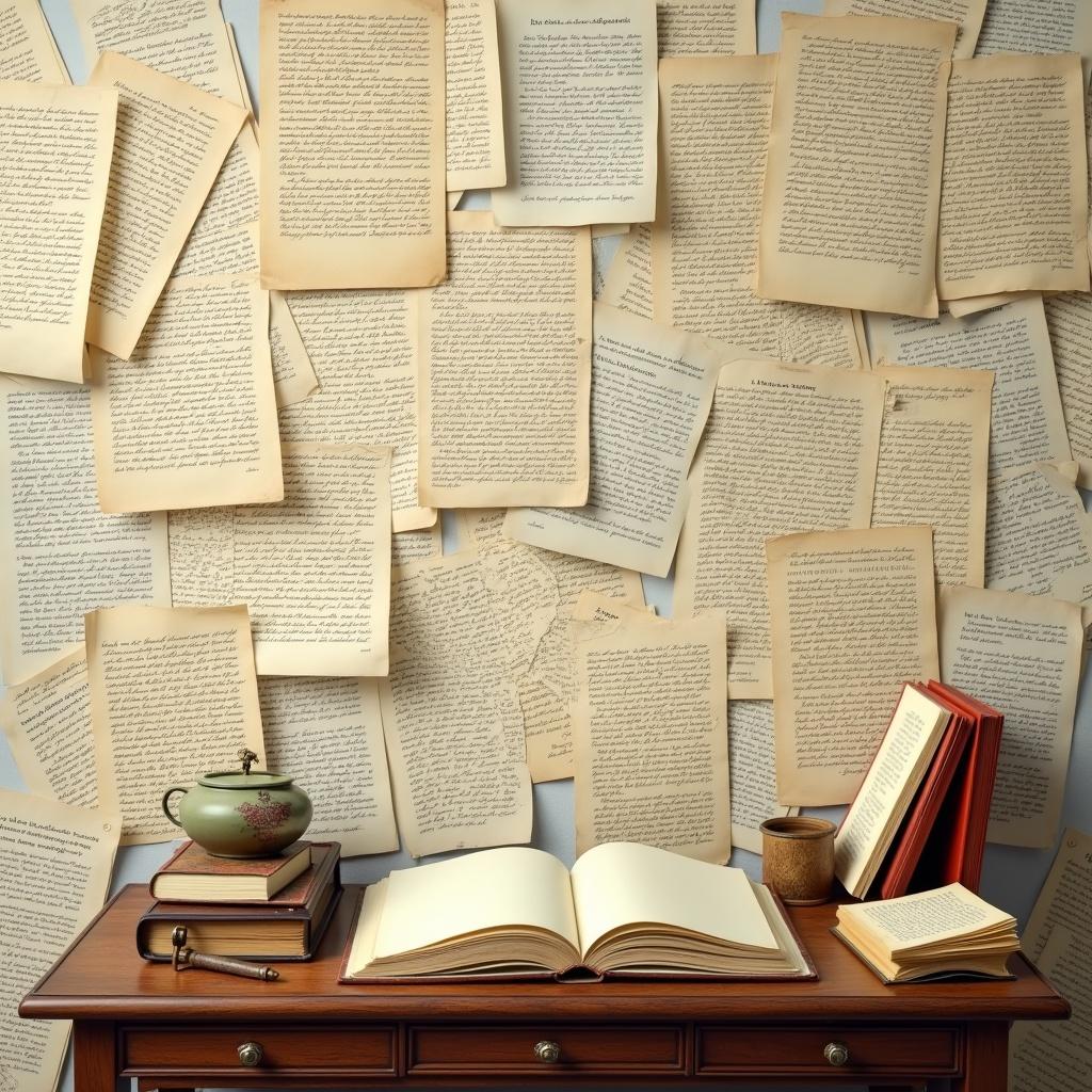 A collage featuring scattered letters and open books on a writing desk. Represents epistolary forms and innovative storytelling techniques. The desk has decorative items and books. The background is filled with many letters.