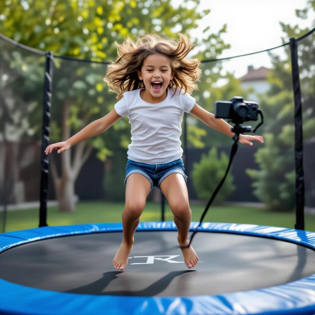 Girl jumping on a trampoline while filming herself. Excited expression on her face. Bright outdoor setting.