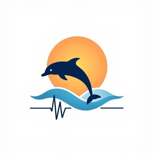 Minimalist logo design. Dark blue dolphin silhouette jumps out of stylized blue ocean waves. Large, circular orange-yellow gradient sun is behind the dolphin. Dark blue EKG line runs horizontally across. Clean lines and flat design. White background. Serene and vibrant.