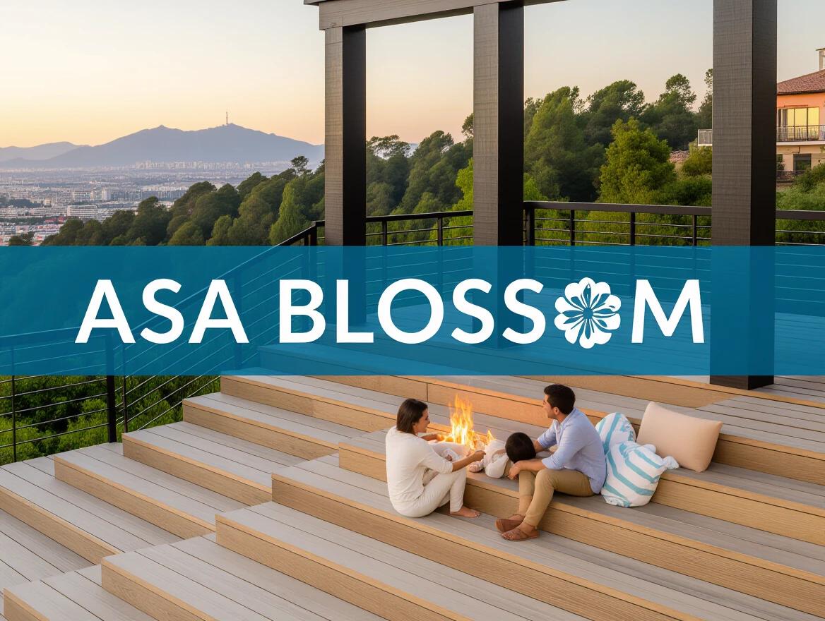 Logo design for ASA BLOSSOM displayed prominently above a family enjoying a fire pit on wooden steps in a scenic outdoor setting. The background features a landscape with rolling hills and a distant mountain. Soft warm lighting enhances the inviting ambiance.