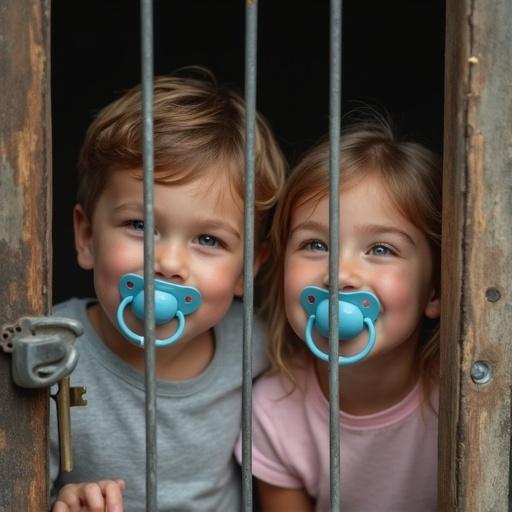 Two ten-year-old children play in a small locked cage. A boy and a girl smile while holding oversized pacifiers. A playful interaction occurs with their mother having fun with the key.