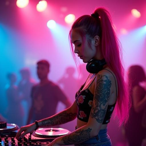 Portrait of a female DJ with pink hair in a ponytail. She wears a dark crop top with a pink and yellow floral pattern and high-waisted denim jeans. Headphones are around her neck. Detailed rose tattoos cover her arms. She's at a DJ setup, using turntables and a mixer. Background is a vibrant nightclub with colorful lights and dancing silhouettes. Dramatic lighting accentuates her and the equipment.