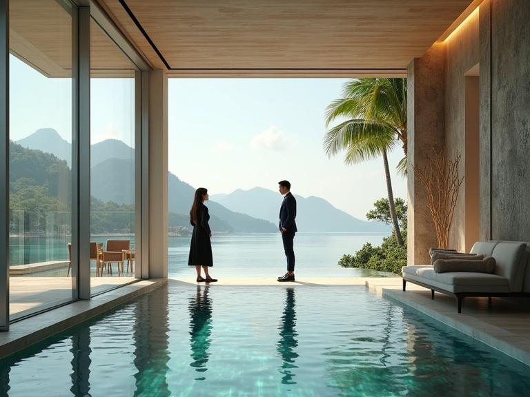 Ultra realistic scene showcasing a luxurious futuristic island hotel resort. Asian staff conducting a tour for Asian guests in an elegant setting. Large windows reveal stunning scenery of mountains and ocean.