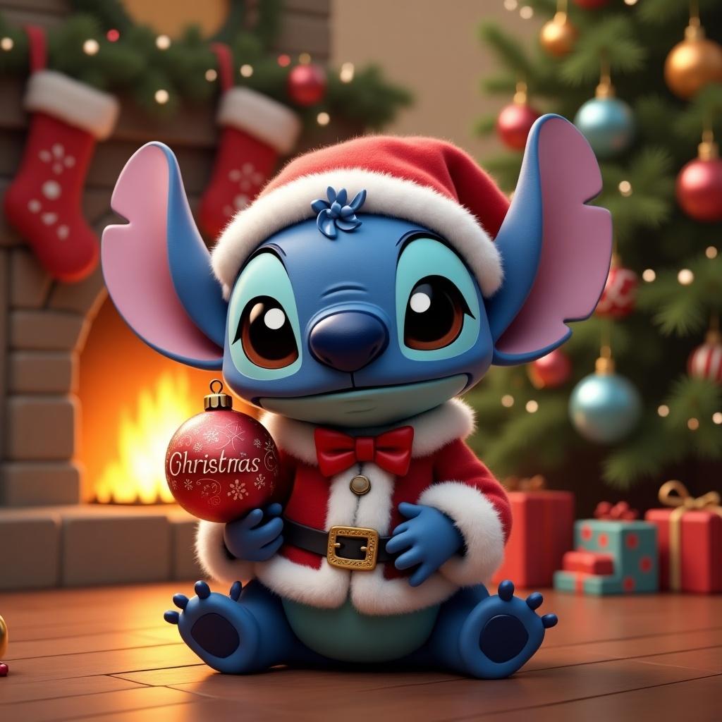 Cute character resembling Stitch in a Santa outfit holding a Christmas bauble. Character is blue with large ears and a bow tie. Background features a Christmas tree, fireplace with stockings, and a present labeled Lola.