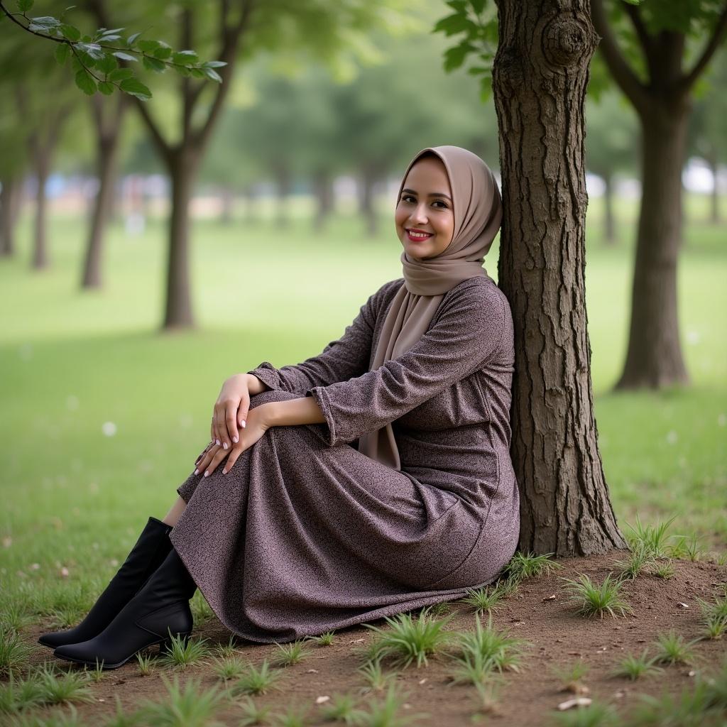 A lady wearing a patterned abaya and hijab sits gracefully on the grass next to a tree. She has high-heeled boots that complement her outfit. The background features a lush green grove, creating a serene atmosphere. She looks towards the camera with a warm smile, inviting joy and elegance. The sunlight casts a soft glow around her, emphasizing her attire and the natural setting.