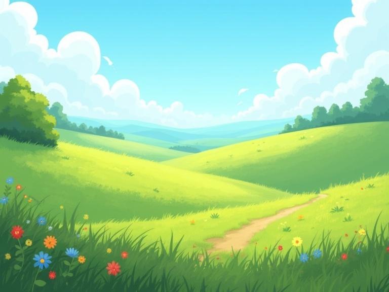 Serene semi-realistic 2D grasslands background in 16:9 aspect ratio. Expansive lush green plains with gentle rolling hills. Dotted with wildflowers in red yellow and blue. Bright blue sky with soft white clouds. Subtle warm lighting like late morning. Small bushes and distant tree line for depth. Faint dirt path winding through grass. Painterly style optimized for tiling or parallax. Include subtle animations like swaying grass or drifting clouds.
