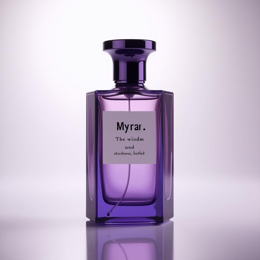 Photo of an elegant purple perfume bottle. Minimalist light background. Label reads: Myra: The wisdom and sturdiness, bottled.