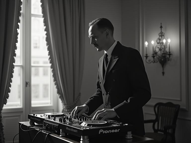 A person DJing using modern equipment in a sophisticated indoor setting. The DJ wears formal attire and focuses on the turntables. The ambiance includes elegant decor and soft lighting.
