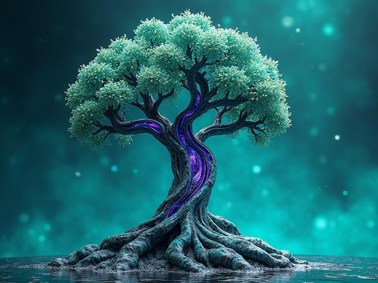 A 3D towering olive tree sculpted from marble stone. Its body shaped into a quantum network. Translucent purple fluids pulse through glowing channels. Its form twists with symmetry against a turquoise ocean background.