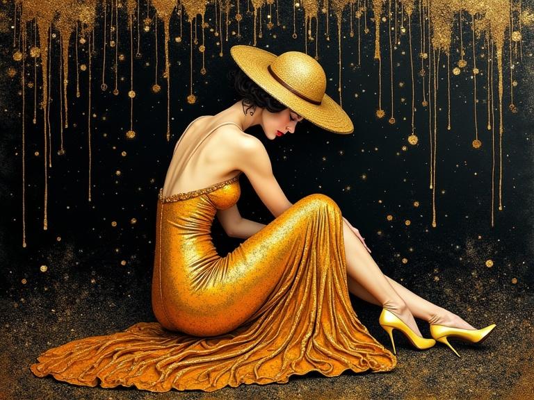 3D artwork featuring a woman in a gold dress and a hat sitting gracefully. The scene includes golden sparkles and a dark background. An elegant, abstract composition emphasizing beauty and fashion.