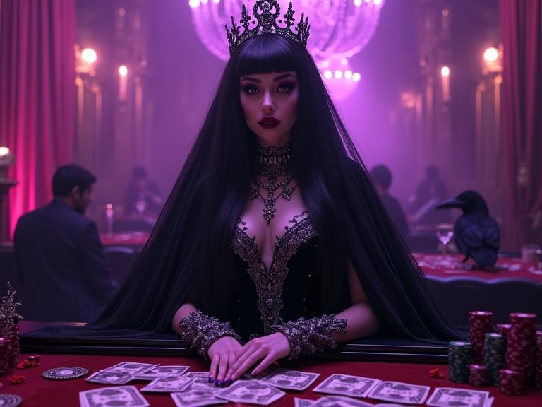 A gothic enchantress in a casino setting. She wears a black velvet gown with silver sigils. Violet neon lights illuminate her porcelain skin. The table is adorned with blood-red chips and cash. Tarot cards are spread before her. A raven sits above, adding to the atmosphere. The scene is filled with opulence and mystery. Perfect for dark fantasy themes.