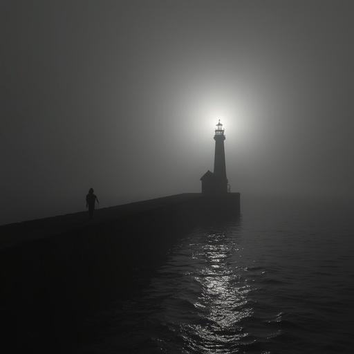 Monochrome vision of a solitary lighthouse. Silhouette of lighthouse in fog. Dark waters under haunting light. Minimalist composition with quiet drama. Harbor enveloped in silence, dawn approaching. Shadows dance on water surface.