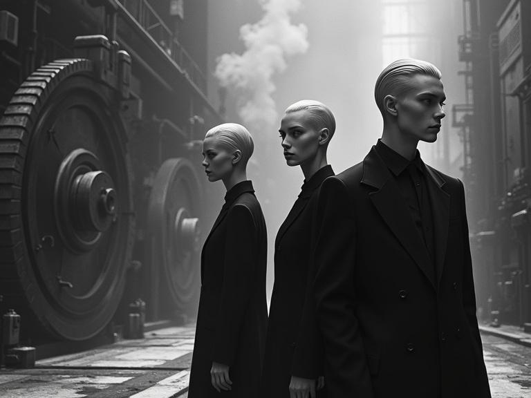 Create a monochrome artwork featuring three androgynous figures in formal black attire. Set in an aging industrial facility with steam and large machinery. Focus on textures and contrasts. Convey a dramatic and mysterious atmosphere with an austere feel. Highlight the architectural elements and the figures' stoic expressions. Include floor details like light-colored checkerboard and grime.
