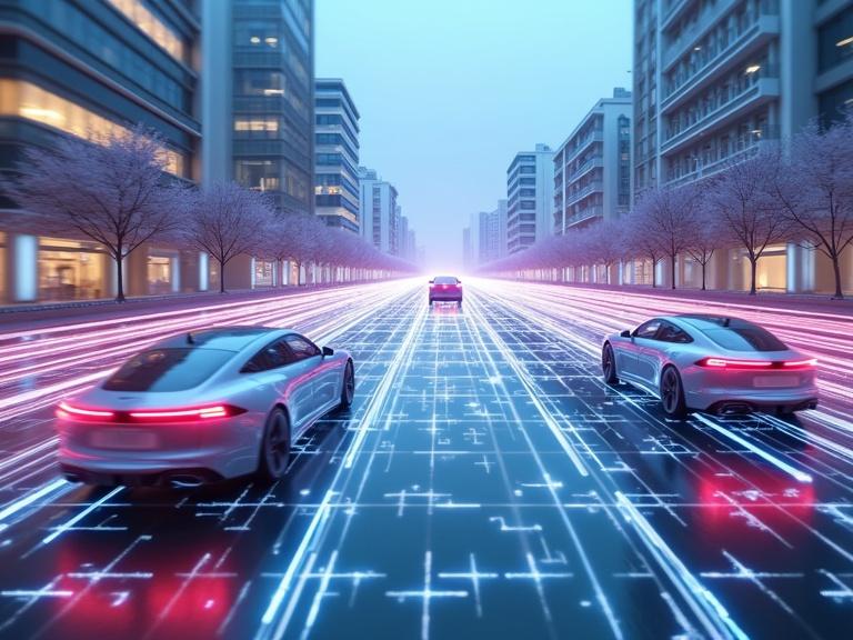 A realistic neon white-themed cityscape at dusk. Sleek electric vehicles. Glowing V2G grid. Dynamic waves and particle flows. Vibrant yet clean atmosphere. Digital grids overlaying the scene. Inspired by modern cyberpunk and Scandinavian minimalism.