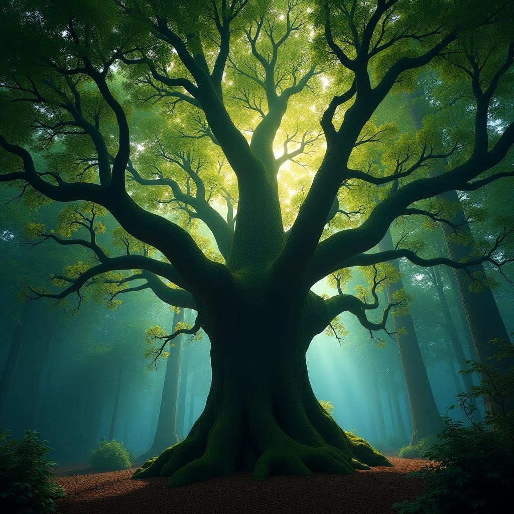 Above eye level view of an enchanted tree in a serene forest environment. The tree has a thick trunk and sprawling branches. Soft light filters through the leaves, creating a magical atmosphere. The surrounding forest is lush and tranquil.