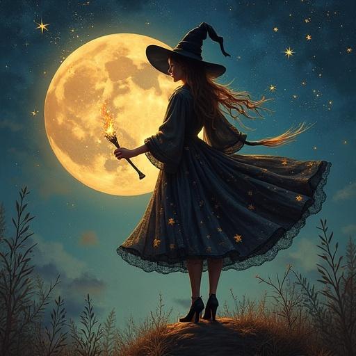 A witch stirs stars and brews under a full moon. She holds a wand alight with magic. The scene is magical and dreamlike with a flowing dress. Gentle night colors enhance the mystique.