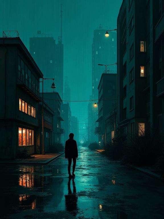 Digital oil painting featuring a silhouette figure in a dark urban setting. Predominantly black background with teal and aqua tones. Harsh paint strokes create a minimalist composition. Background depicts living architecture in a 1970s noir atmosphere.