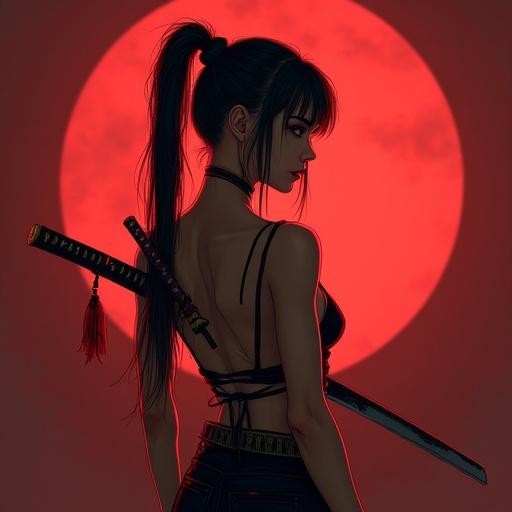 A seductive yakuza girl poses with a katana. She looks back over one shoulder. The moon glows red in the background. Emphasis on strength and allure.
