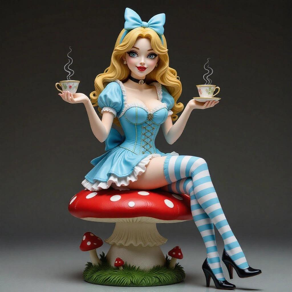 A detailed resin statue of a stylized feminine figure inspired by Alice in Wonderland. Woman has a slender figure and a mischievous expression. She sits on a large red mushroom, wearing a light blue dress with a ruffled skirt. A blue bow in her long blonde hair, striped stockings, and high heels complete her look. Flirtatious pose with a teacup in one hand. A twisted tree behind her has a Cheshire Cat sitting on a branch. Magical details around her base include a giant pocket watch, teacups, broken plates, and flower petals. The scene is colorful and textured, resembling a mini diorama.