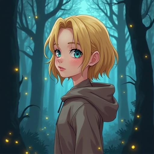 Anime theme featuring a cute blonde girl in a mysterious woodland background. Girl has bright blue eyes and appears shy. Background is filled with tall trees and soft glowing lights.