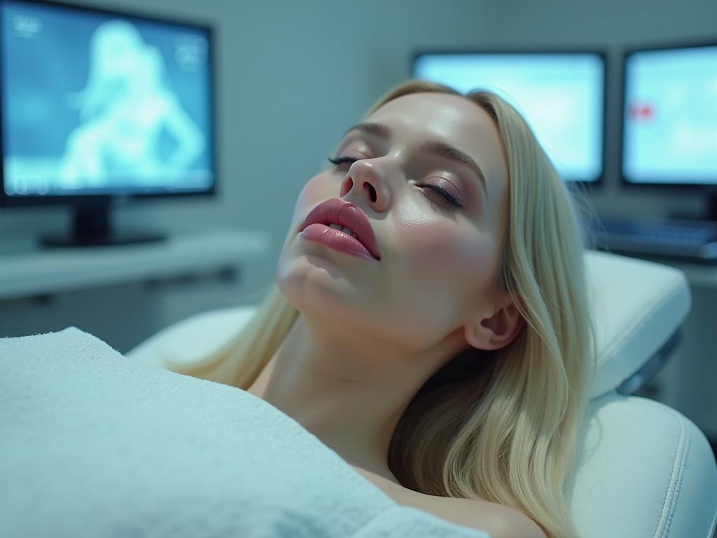A portrait of a woman with very large lips and a small nose, lying on a treatment chair. Her lips are exaggeratedly plump and shiny, while her nose appears petite and elegant. She has long, straight blonde hair and a very fair skin tone. Her eyes are closed, conveying a serene expression. The setting is futuristic and clinical, with monitors in the background displaying soft blue lights, creating a cool atmosphere.