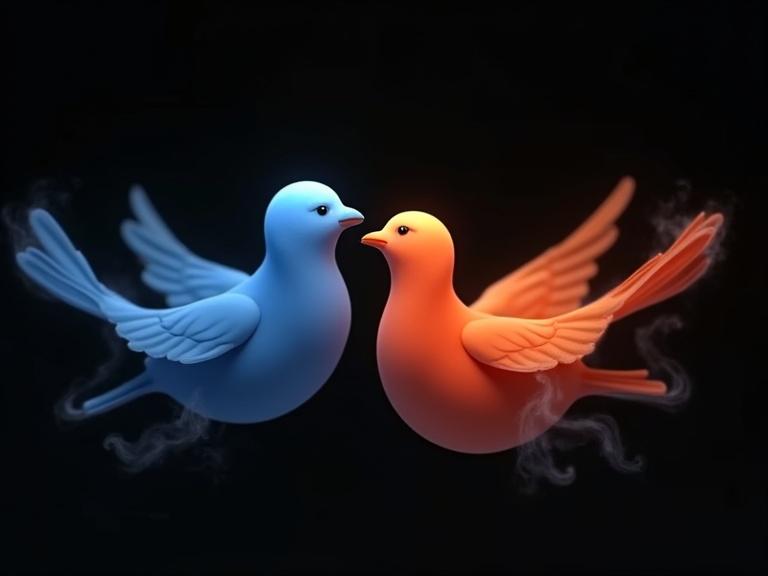 Captivating animation of two stylized birds. One bird is predominantly blue. The other bird is a vibrant orange-red. Their forms resemble flowing fabrics. Their movements are graceful and interactive. The background is deep black. A subtle smoky effect adds to their ethereal quality.