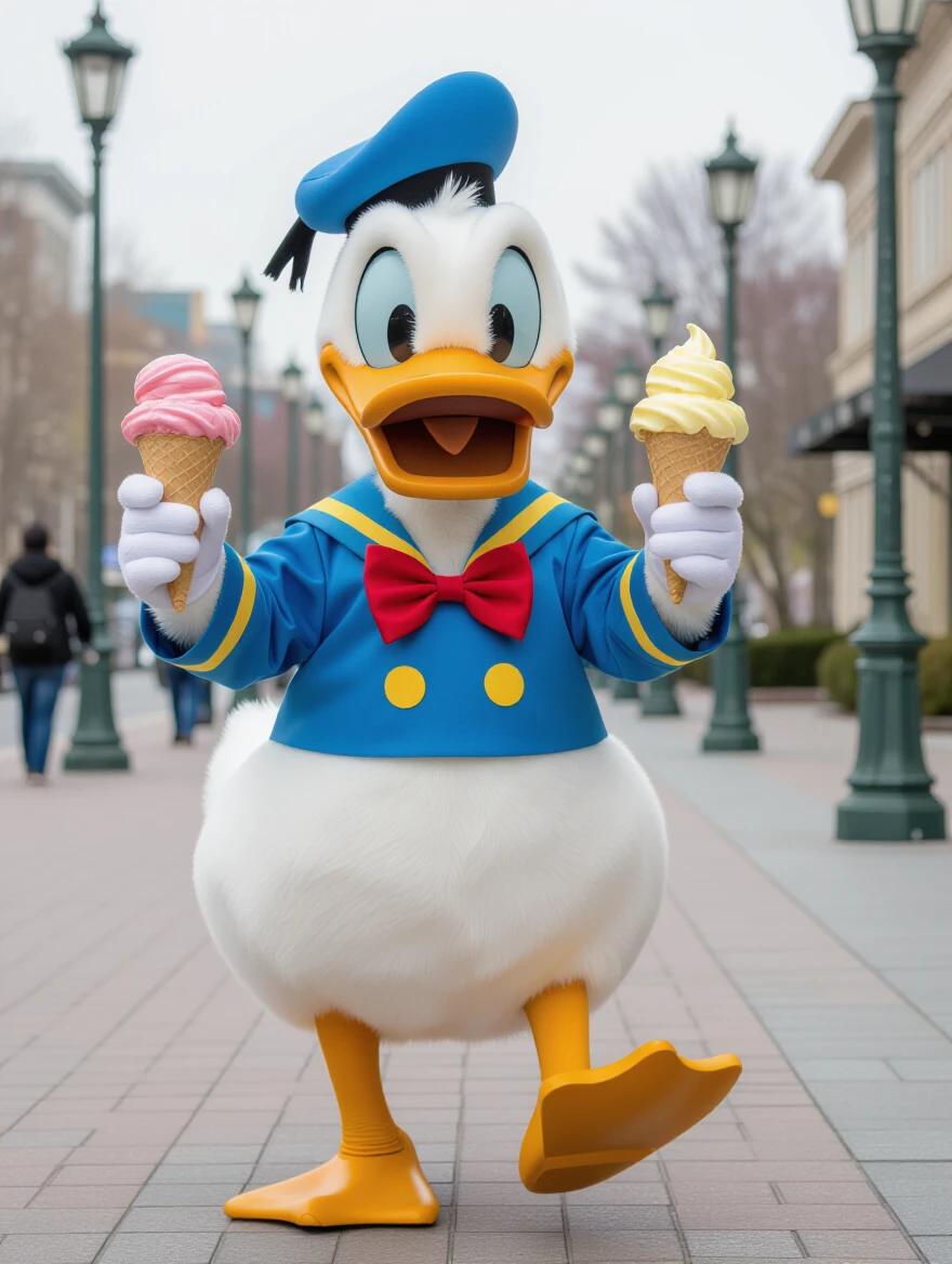 Disney character known as Donald Duck walks happily holding two ice cream cones. The character appears cheerful in a bright blue outfit with a bow tie. Surrounding area shows a lively street scene. Soft natural light enhances the vibrant colors.