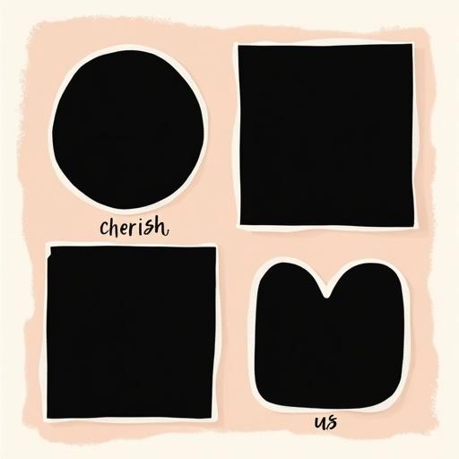 Square-format minimalist couple-themed photo collage with black photo areas and soft neutral background. Features an oval frame labeled 'cherish', a heart-shaped frame labeled 'always', and a rounded rectangle frame labeled 'us'. Each frame has thin white borders with soft shadows. Clean geometric shapes and minimal English text. Balanced romantic modern layout with soft warm tone.